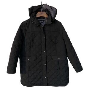 Jones New York Black Quilted Hooded Zip Snap Up Insulated Jacket Winter Cozy 2X